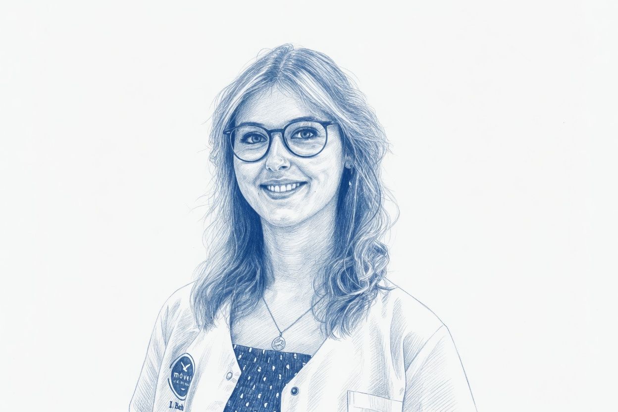 Eine Schwarzweißzeichnung einer Frau mit Brille und weißem Kittel.