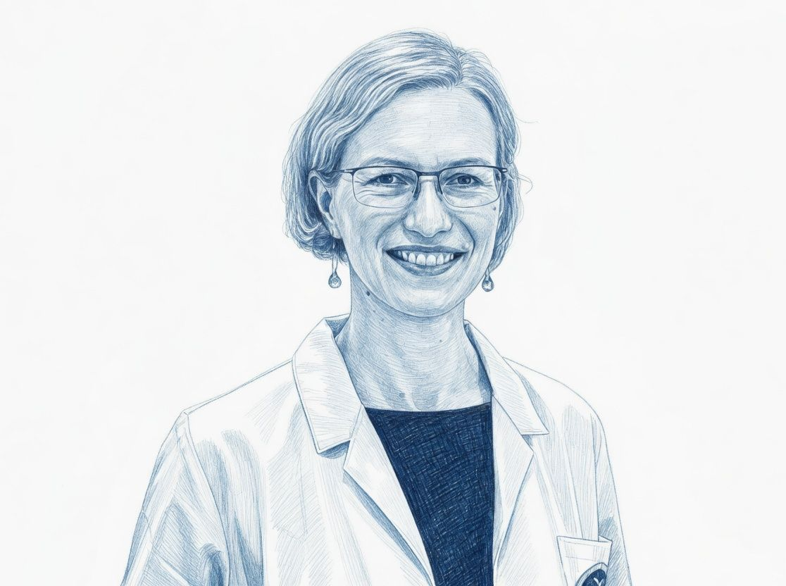 Eine Schwarzweißzeichnung einer Frau mit Brille und weißer Jacke.