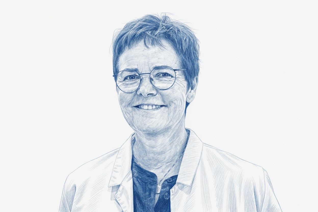 Eine Zeichnung einer Frau mit Brille und weißem Pullover.
