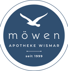 Ein blau-weißes Logo für die Mowen Apotheke Wismar