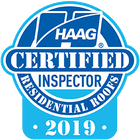 Blue and white HAAG Certified Inspector Residential Roofs 2019 badge logo