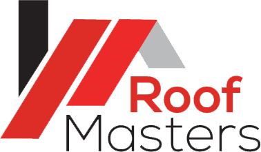 Roof Masters logo with red and black roof graphic and gray accent