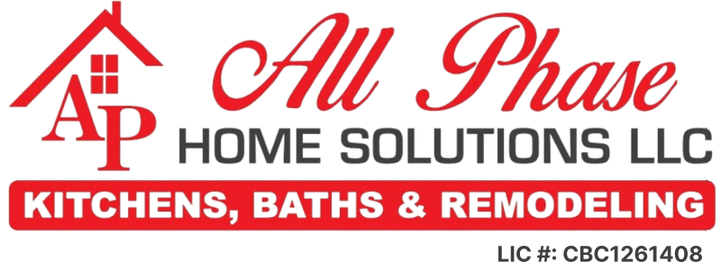 All Phase Home Solutions LLC logo with red house roof, red script text, and kitchen, baths, remodeling tagline