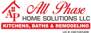 All Phase Home Solutions LLC logo with red house roof, red script text, and kitchen, baths, remodeling tagline