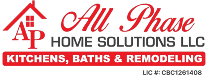 All Phase Home Solutions LLC logo with red house roof, red script text, and kitchen, baths, remodeling tagline