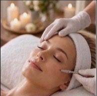 Gloved hands apply facial treatment to a woman lying on a spa bed with a towel wrapped around her head