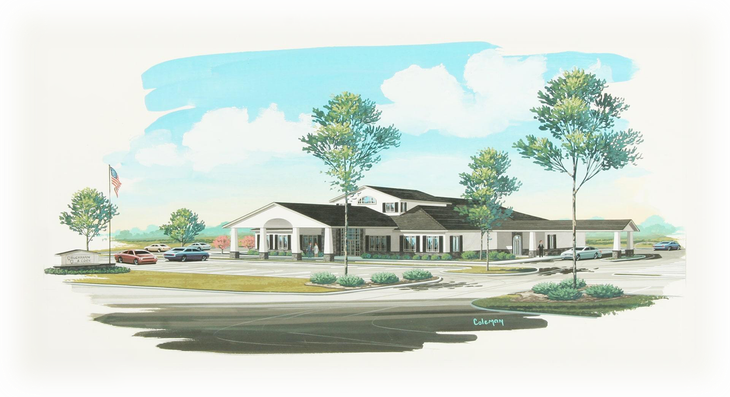 Watercolor of a small white building with a dark roof, trees, and a bright blue sky.
