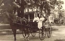 Two people standing in a horse-drawn carriage on a tree-lined street, circa early 1900s