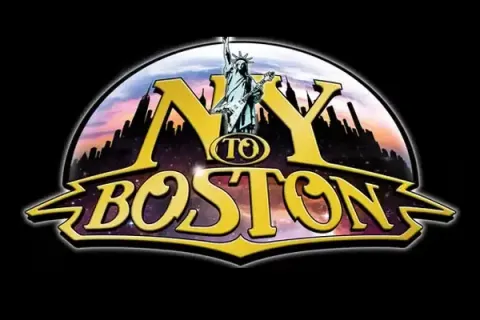 “NY to Boston” logo with a statue silhouette over a sunset skyline on a black background