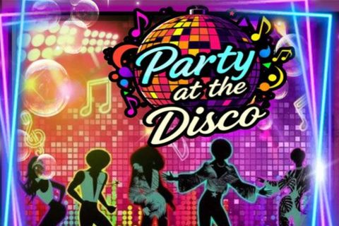 Neon disco party poster with dancing silhouettes, music notes, and colorful lights