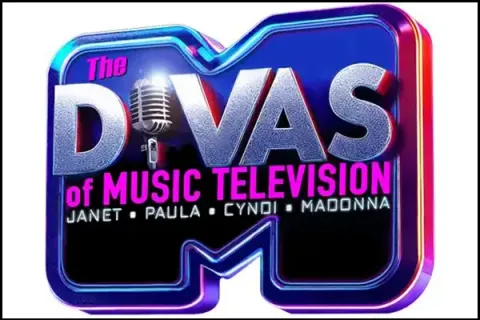 Logo reading “The Divas of Music Television” in neon purple, pink, and blue with Janet, Paula, Cyndi, and Madonna names