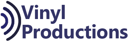 Vinyl Productions logo with blue soundwave icon and navy text on white background