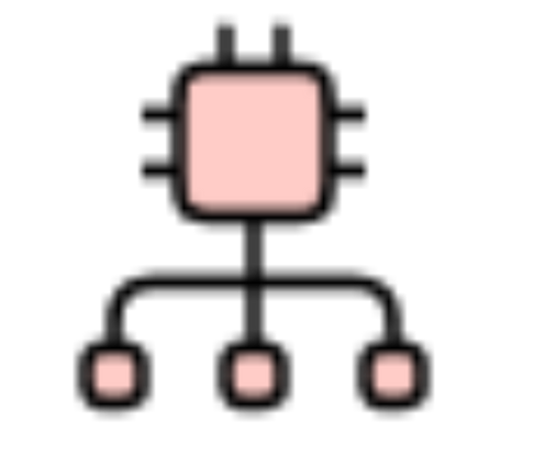 Diagram of a central pink square with three outputs below, and several inputs at the top.