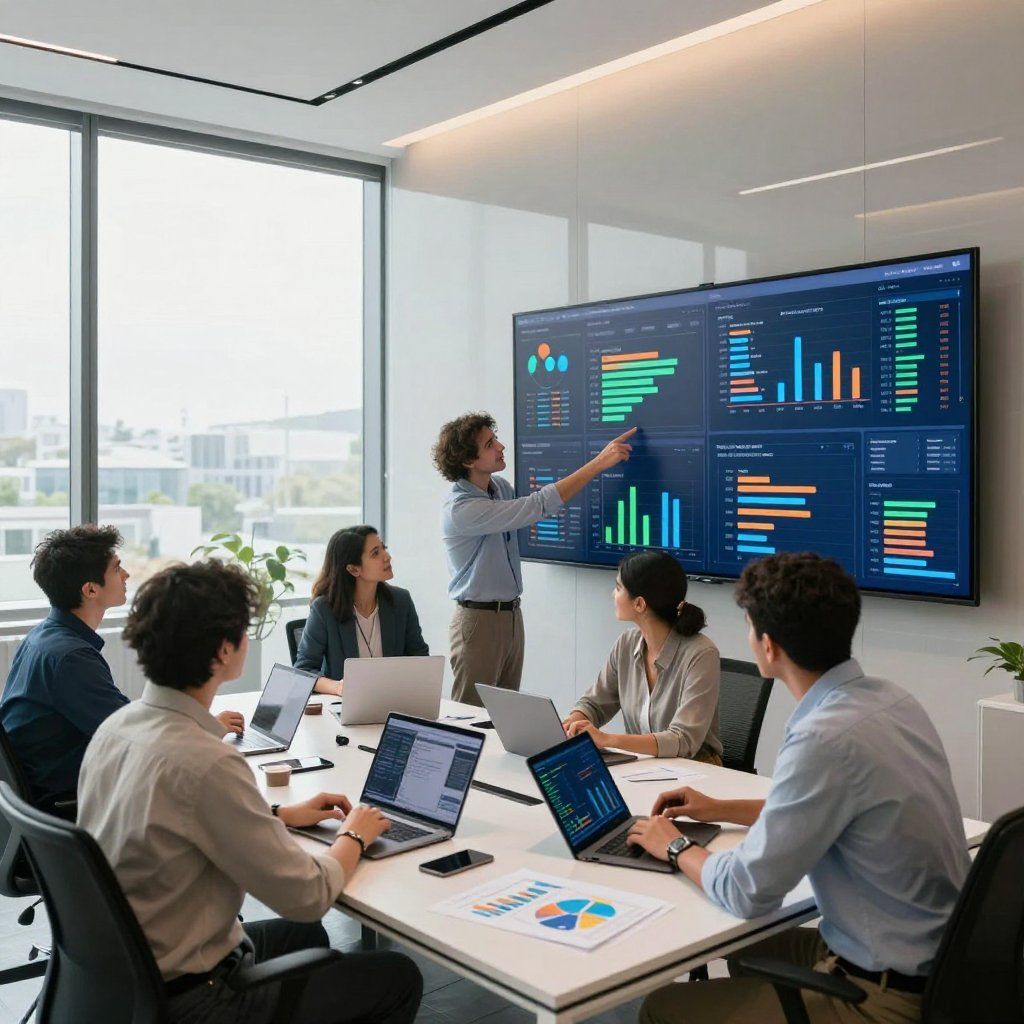 Team in a modern conference room reviewing analytics on a large dashboard display.