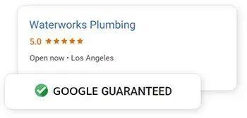 Waterworks Plumbing Google Guaranteed ad card with 5-star rating and Los Angeles location