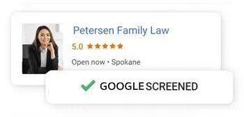 Google-screened badge on a Petersen Family Law listing with star rating and open hours in Spokane