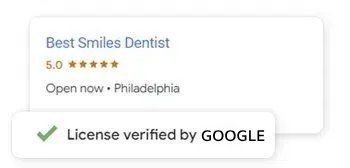 Google listing for Best Smiles Dentist in Philadelphia with 5-star rating and verified license badge