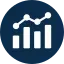 White chart icon with rising bars and line graph on a dark blue circle