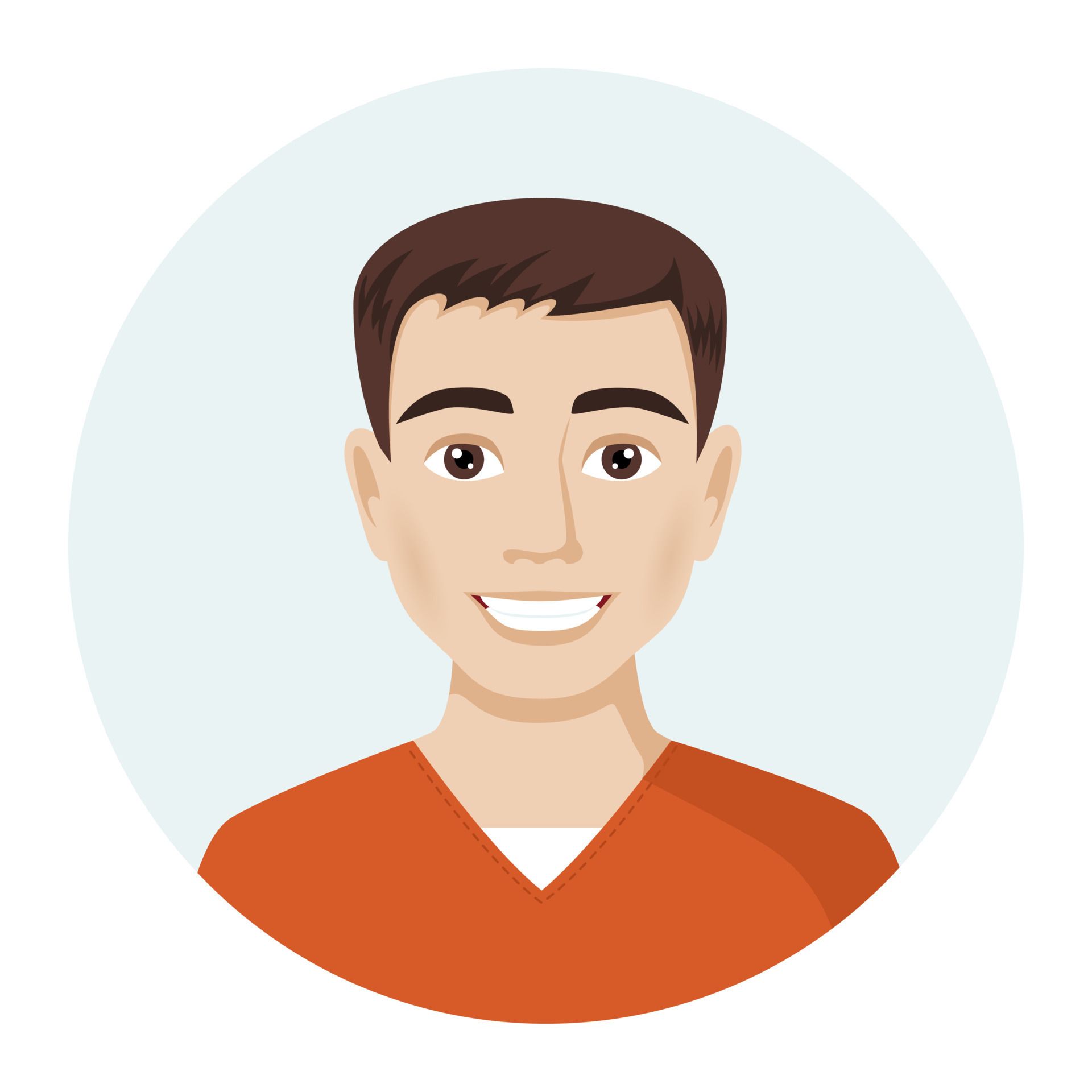 A man in an orange shirt is smiling in a circle.