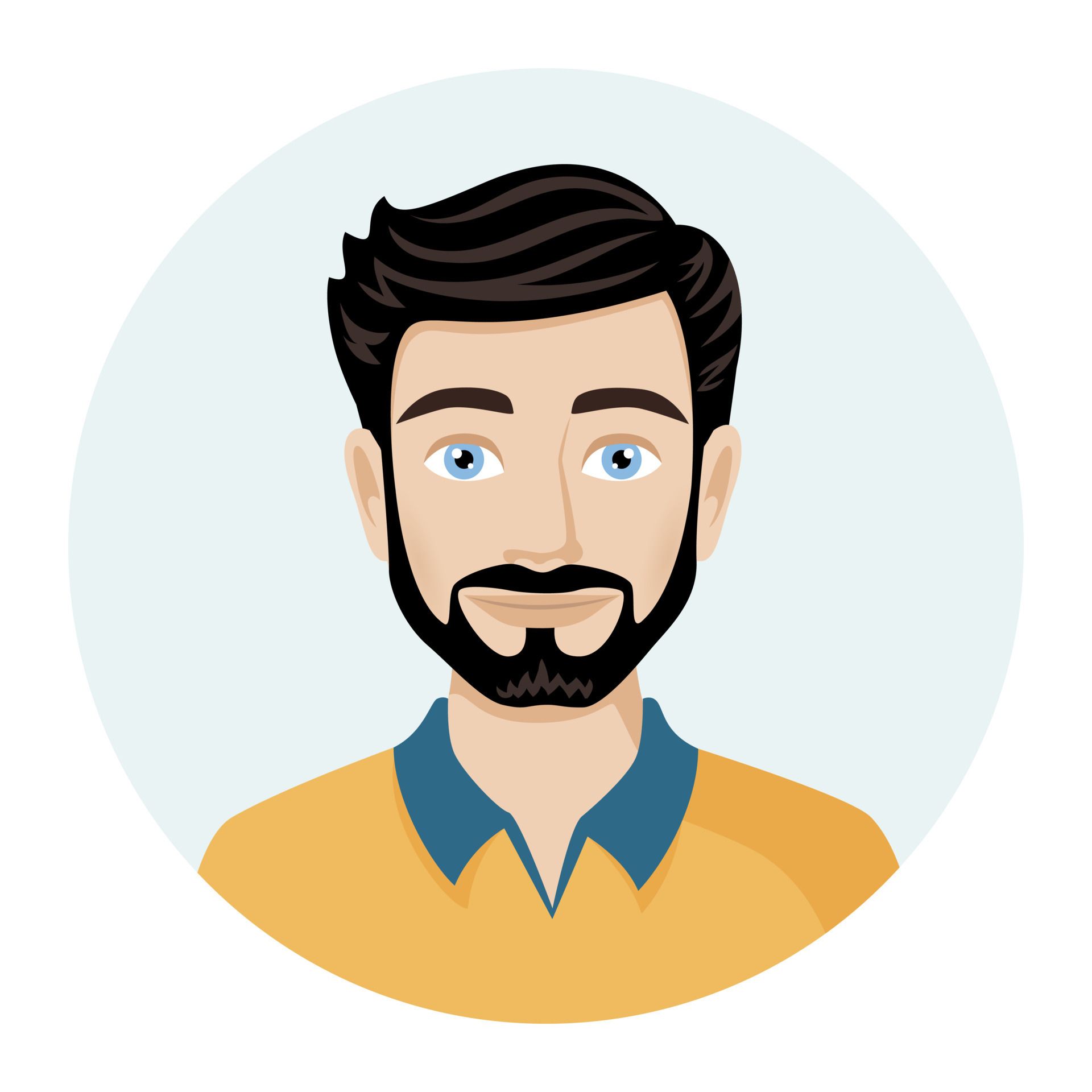 A cartoon illustration of a man with a beard and blue eyes.