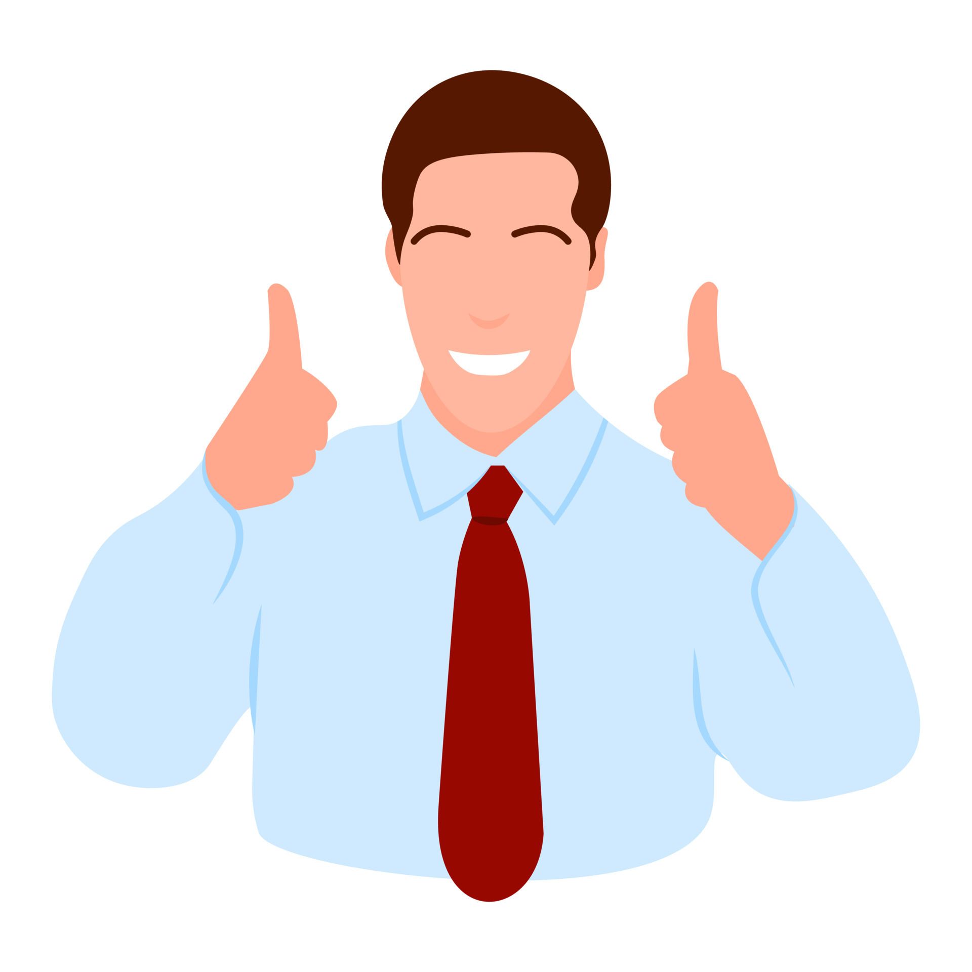 A man in a blue shirt and red tie is giving two thumbs up
