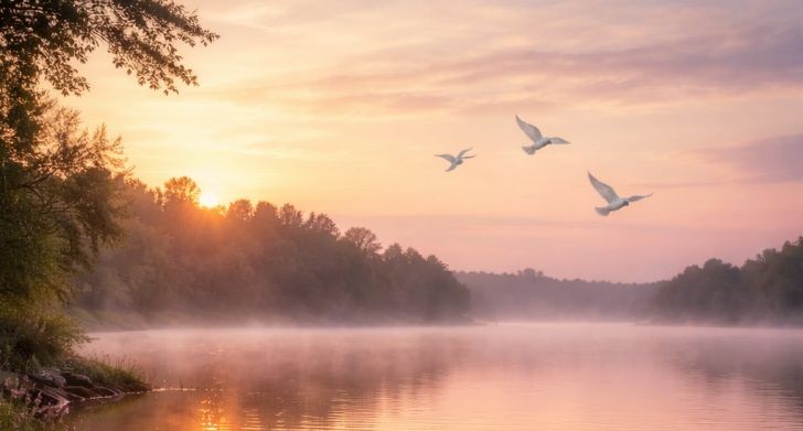 a tranquil lakeside at sunrise, with calm water reflecting pastel skies and a few white doves flying softly in Plymouth