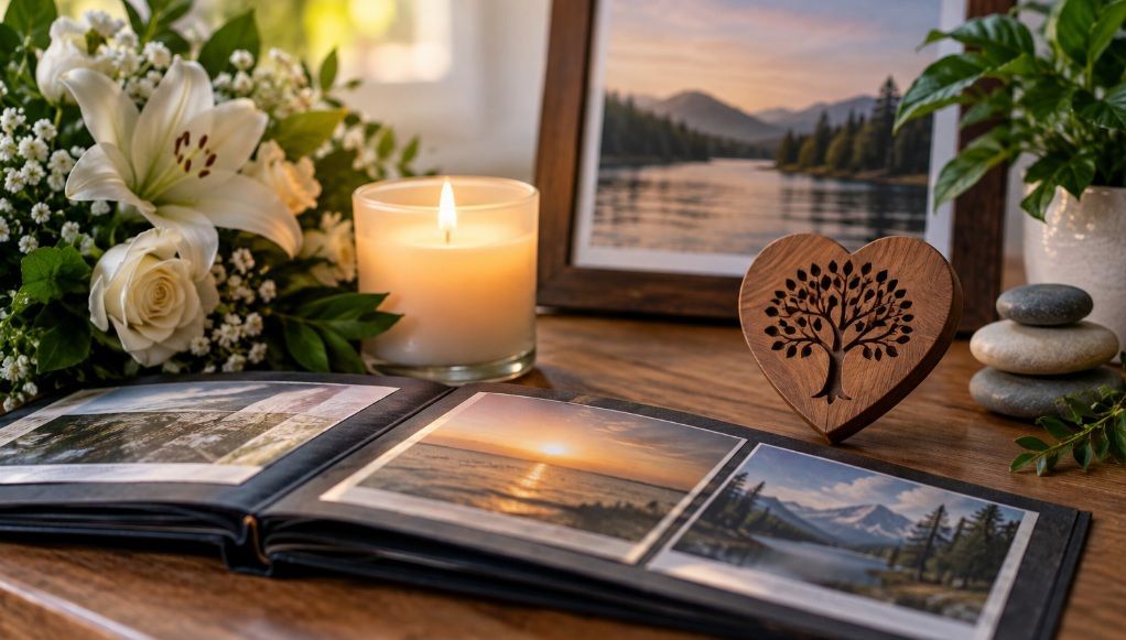 Cremation services Plymouth, MI memorial setting with flowers, a candle, photo album, and keepsakes