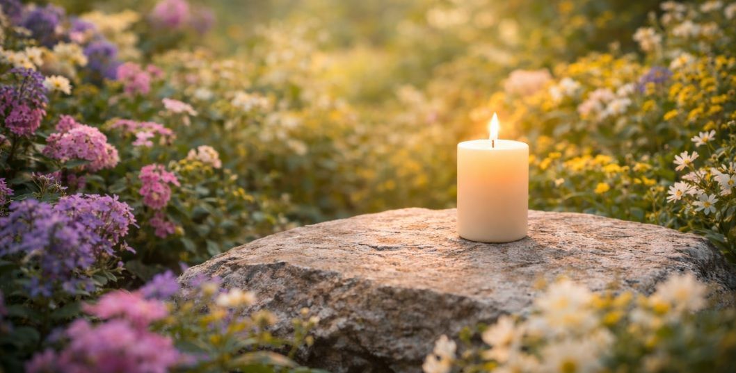 Cremation services Plymouth, MI peaceful garden scene with a glowing candle blooming flowers
