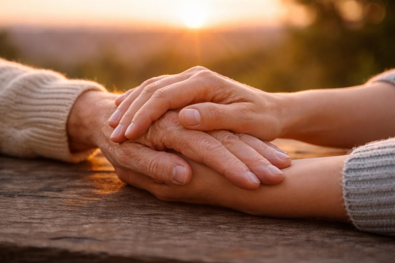 Hands held in comfort and support at sunset, reflecting the compassionate care of a funeral home and cremations in Canton Township, MI.