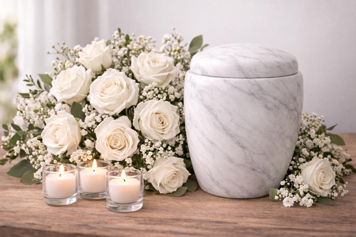 Marble cremation urn with white roses and candles displayed for families at a funeral home and cremations in Canton Township, MI.