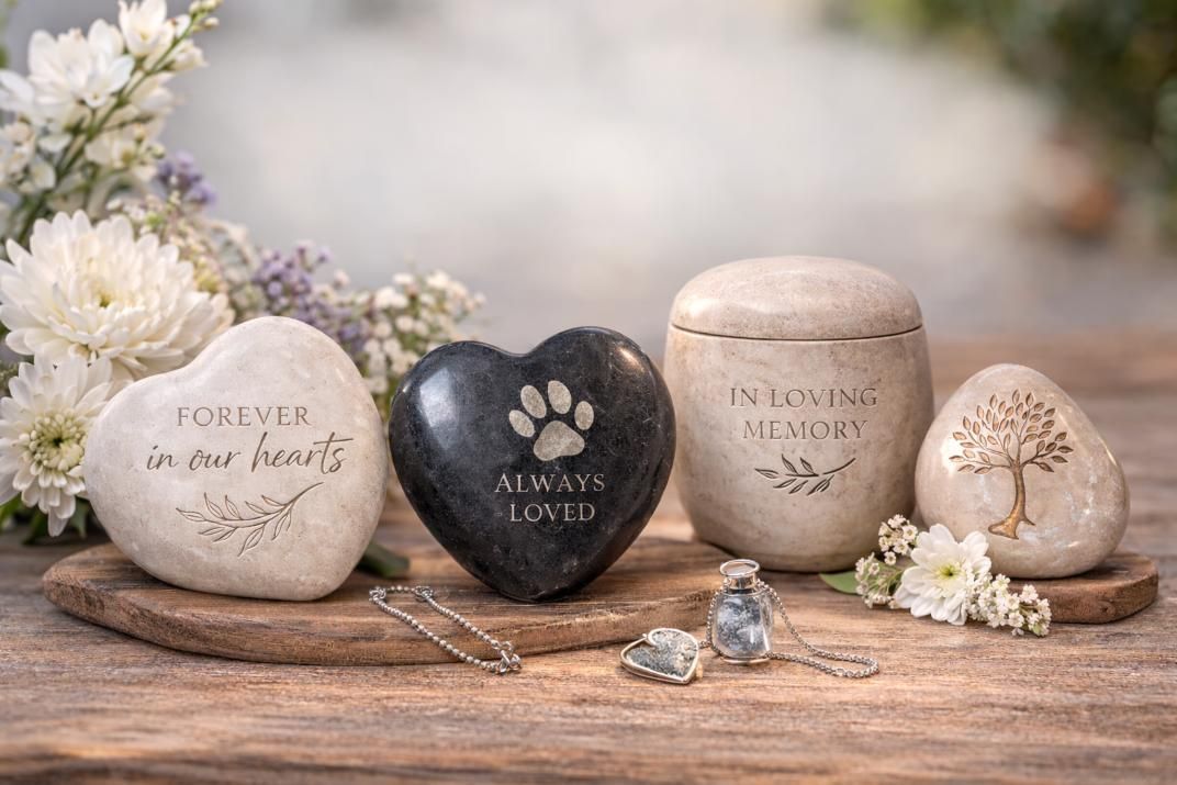 Memorial urns, keepsake stones, and remembrance jewelry displayed to honor loved ones at a funeral home and cremations in Plymouth, MI.