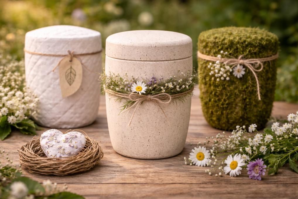 Eco-friendly cremation urns with floral accents displayed for families at a funeral home and cremations in Plymouth Township, MI.