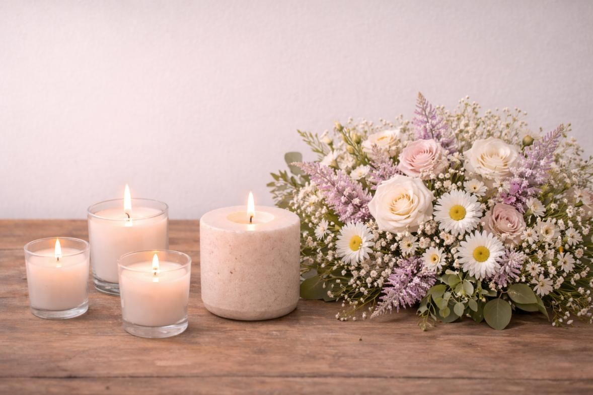 Memorial candles and a floral arrangement displayed during a service at a funeral home and cremations in Plymouth Township, MI.