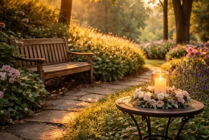 a peaceful memorial garden at golden hour, with soft sunlight filtering through tall trees in Plymouth