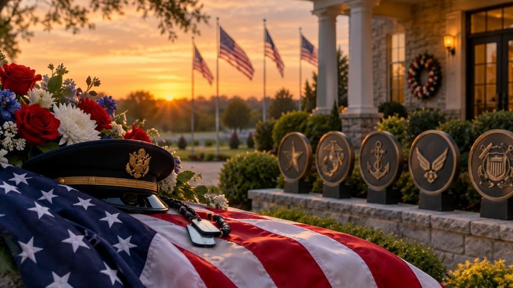Funeral homes Plymouth, MI honoring veterans with American flags, military service emblems