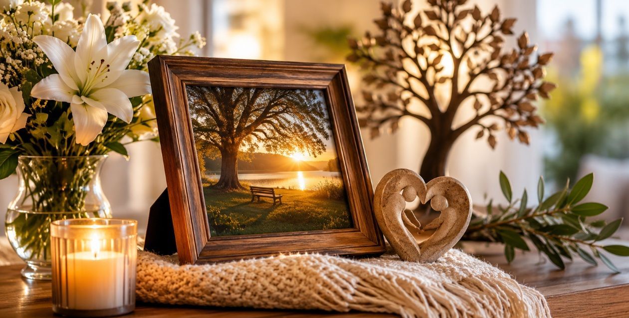 Peaceful memorial display for funeral homes Plymouth, MI with framed keepsakes and flowers
