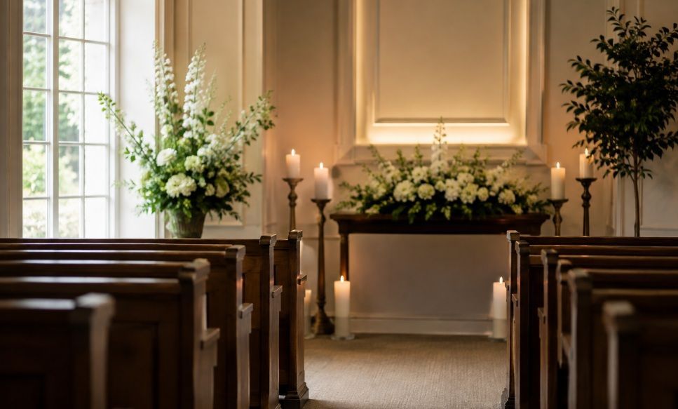 Traditional funeral service setting reflecting how funeral homes Plymouth Township, MI