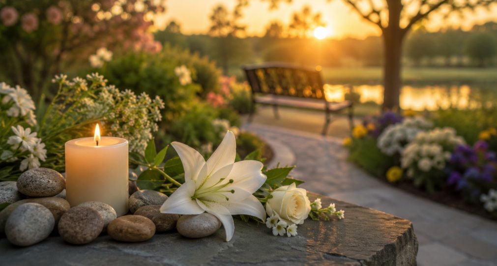 white flowers, and a quiet walking path representing cremation services in Plymouth Township, MI