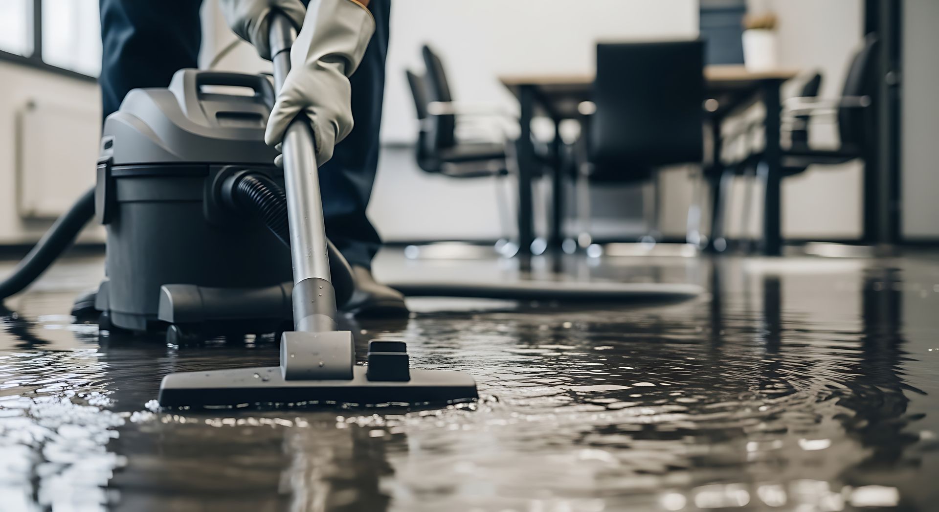 Technician performing water mitigation with a wet vacuum, extracting floodwater from a soaked floor.
