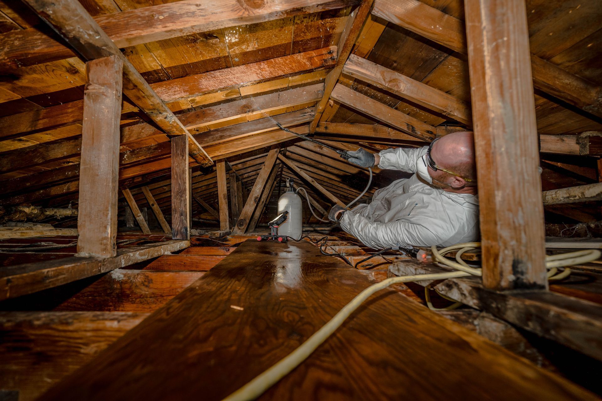 Mold remediation technician treating attic surfaces with cleaning solution.