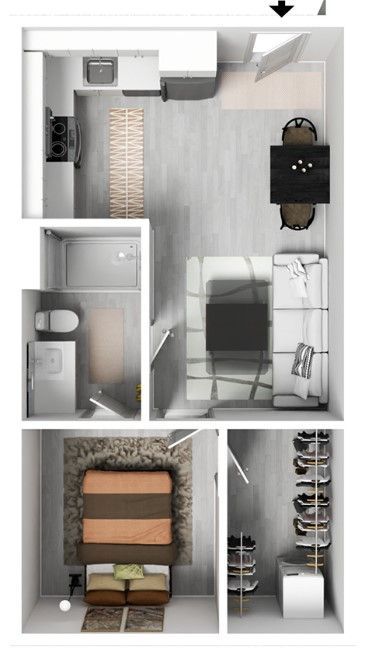 An aerial view of a floor plan of a small apartment.