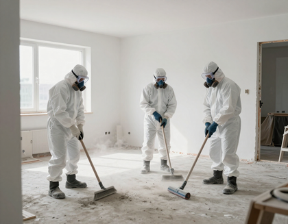 Operatori con tute protettive pulizia post-cantiere