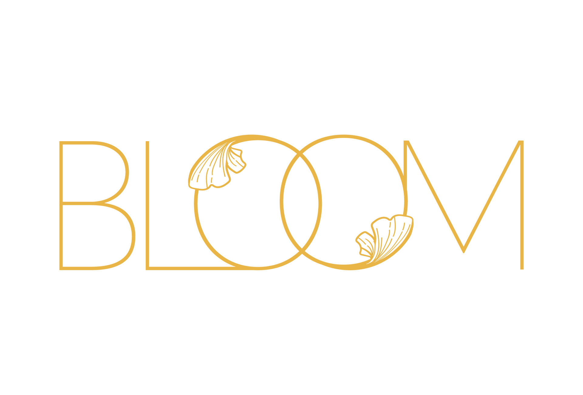 Gold “BLOOM” wordmark with floral accents inside the two O’s