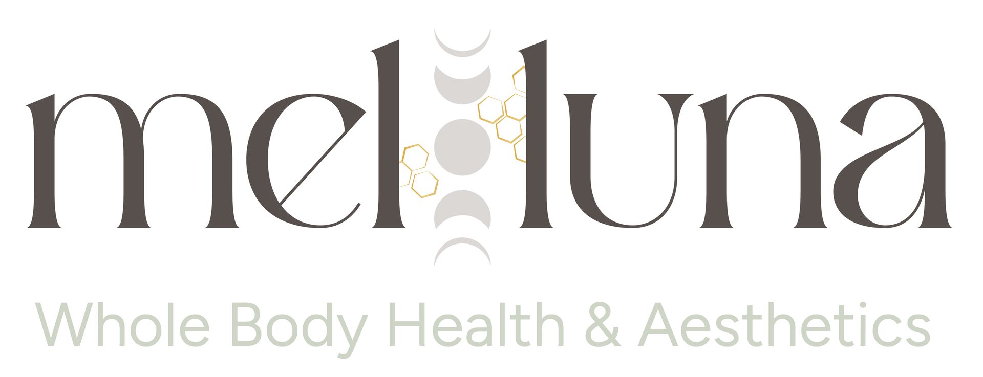 Melluna logo with pale gray text and abstract leaf icon, plus tagline “Whole Body Health & Aesthetics”