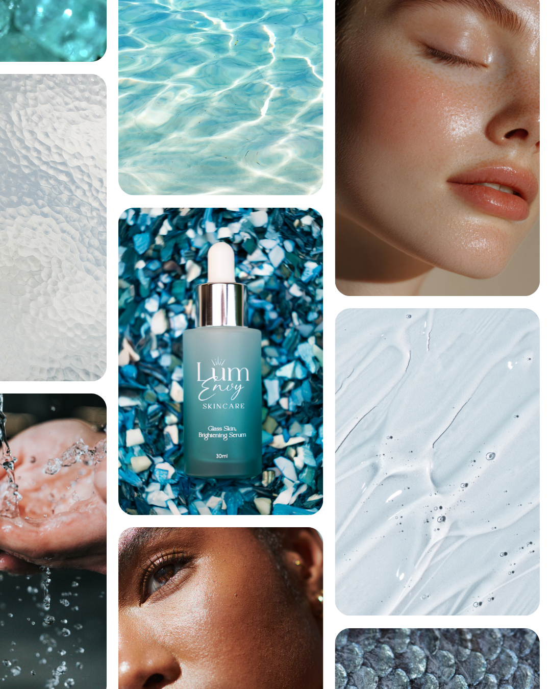 Blue skincare collage with water textures, a serum bottle, and a close-up face with dewy skin