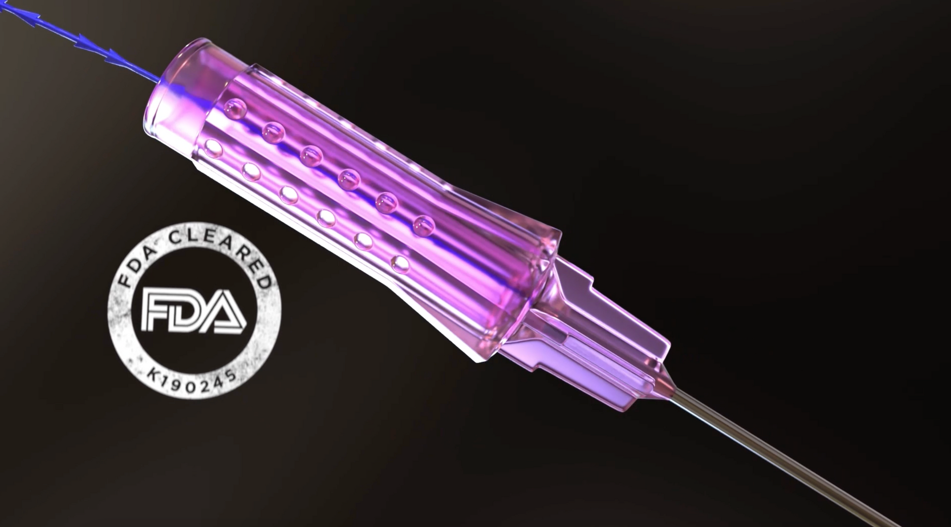 Purple FDA-approved syringe with a clear needle on a dark background