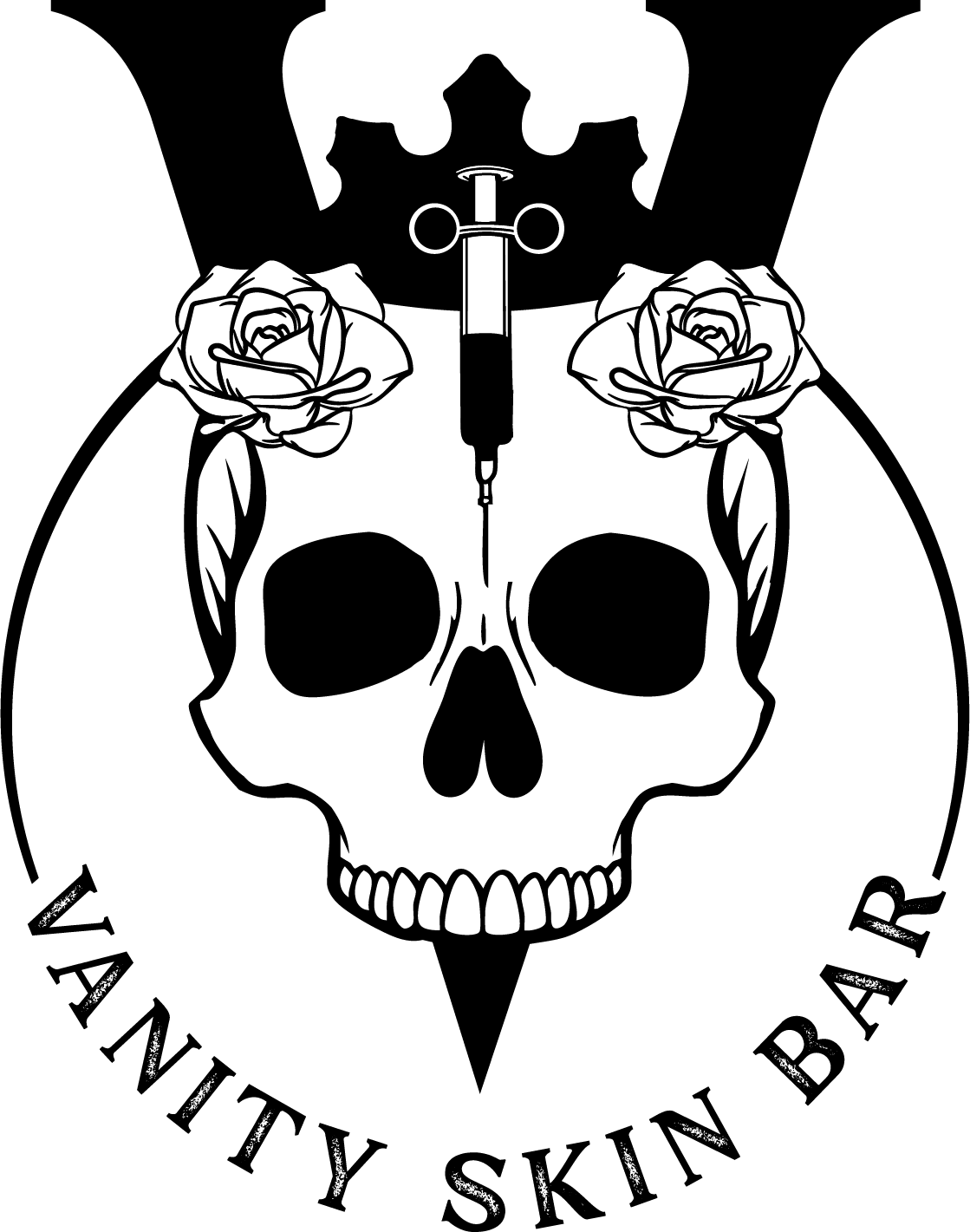 Black skull logo with roses, tattoos, and the words