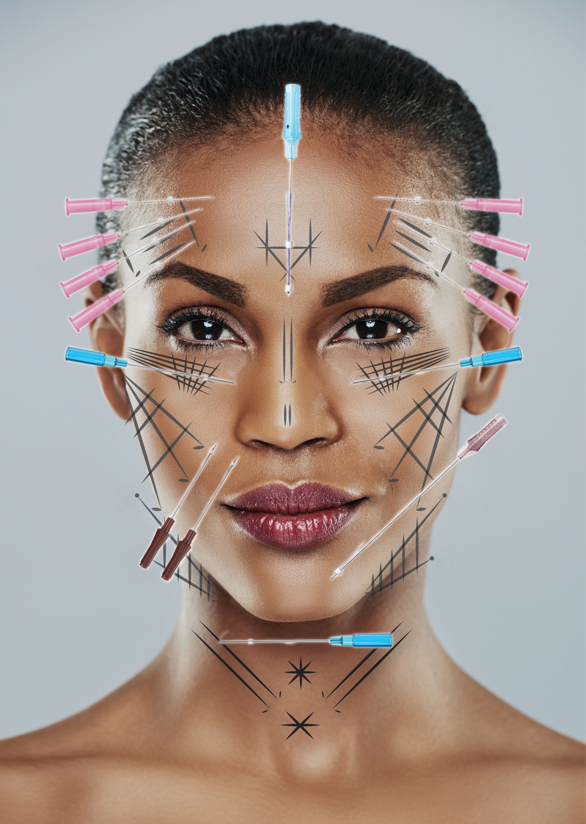 Portrait of a woman with facial mapping lines and markers on her face and neck, on a light background
