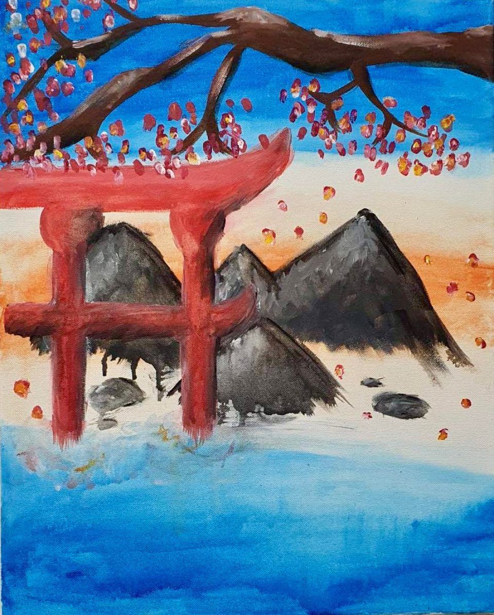 A painting of a torii gate with mountains in the background