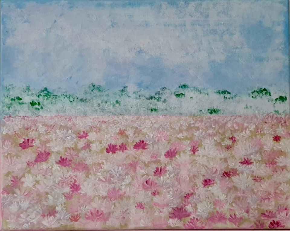 A painting of a field of pink and white flowers